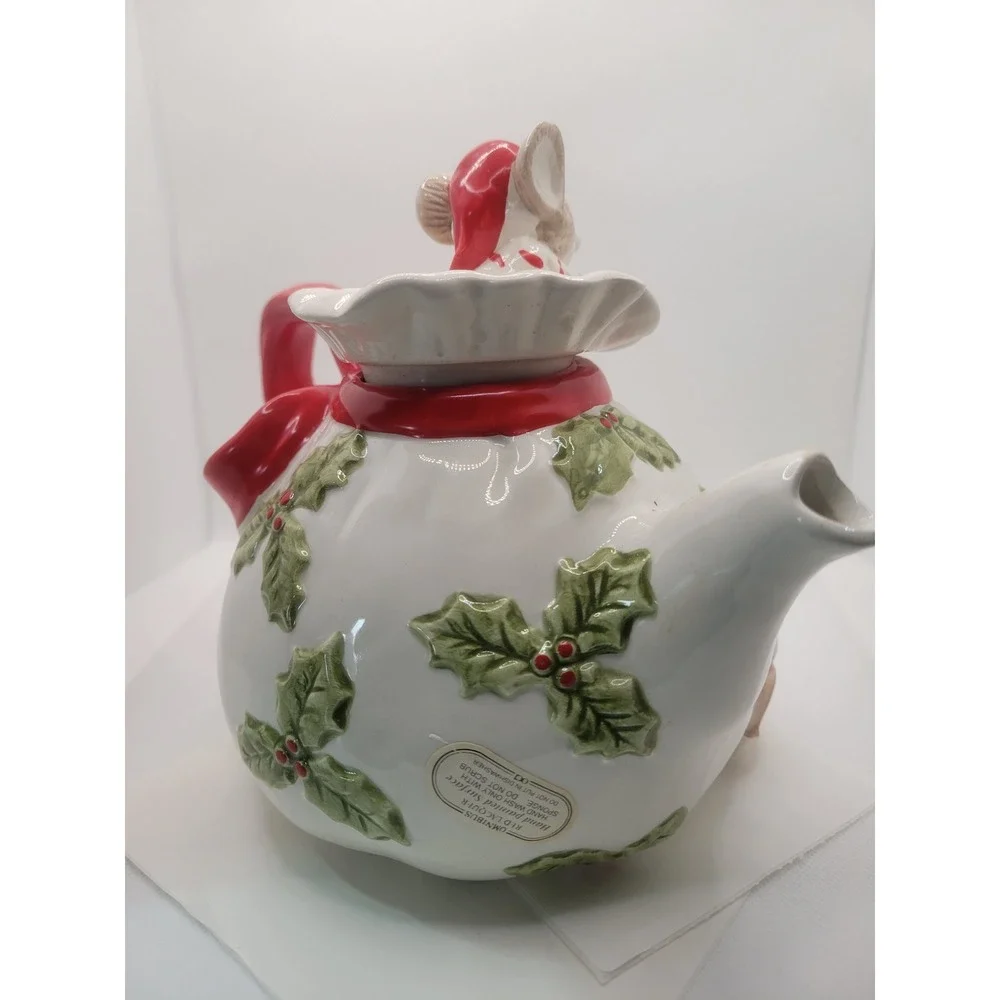 Vtg Omnibus Christmas Mice Holly Berry Ceramic Teapot Holiday Decor